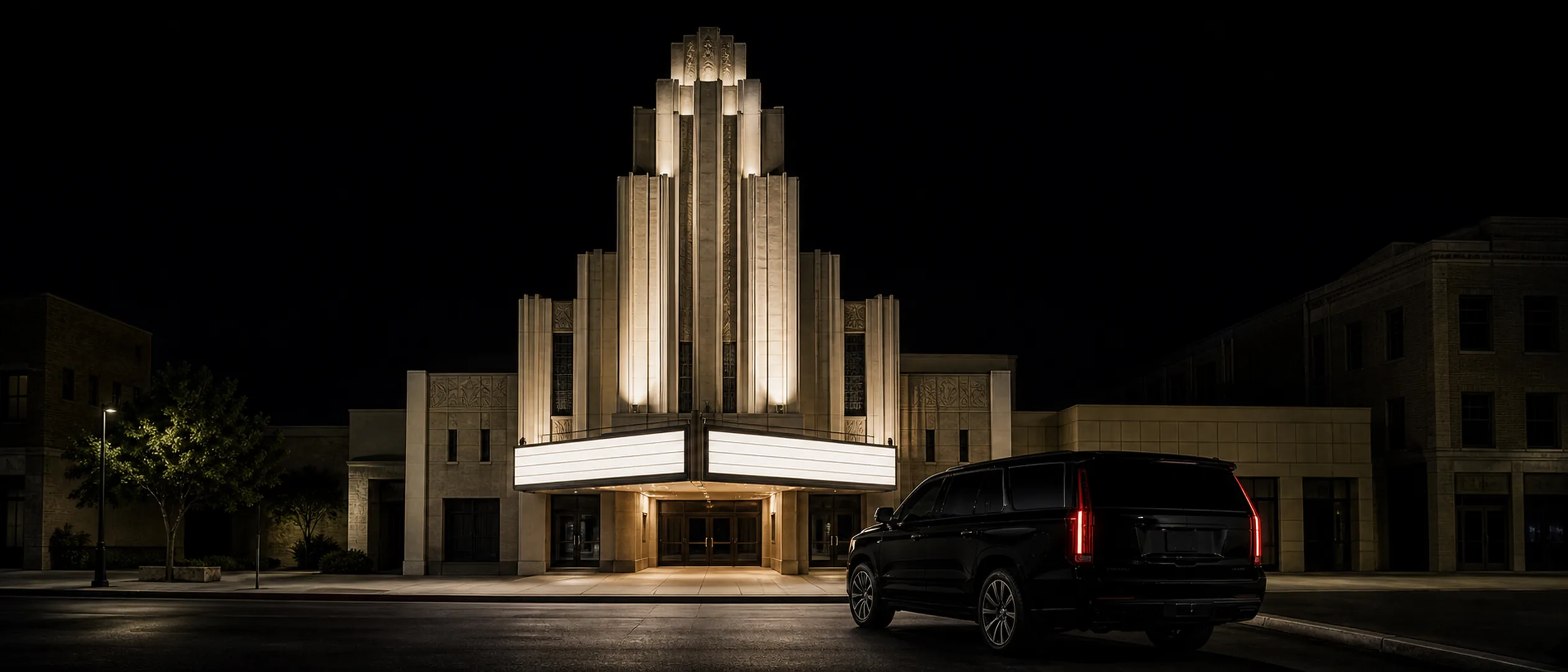 A black Cadillac Escalade waits outside Bakersfield's Art Deco Fox Theater at night.