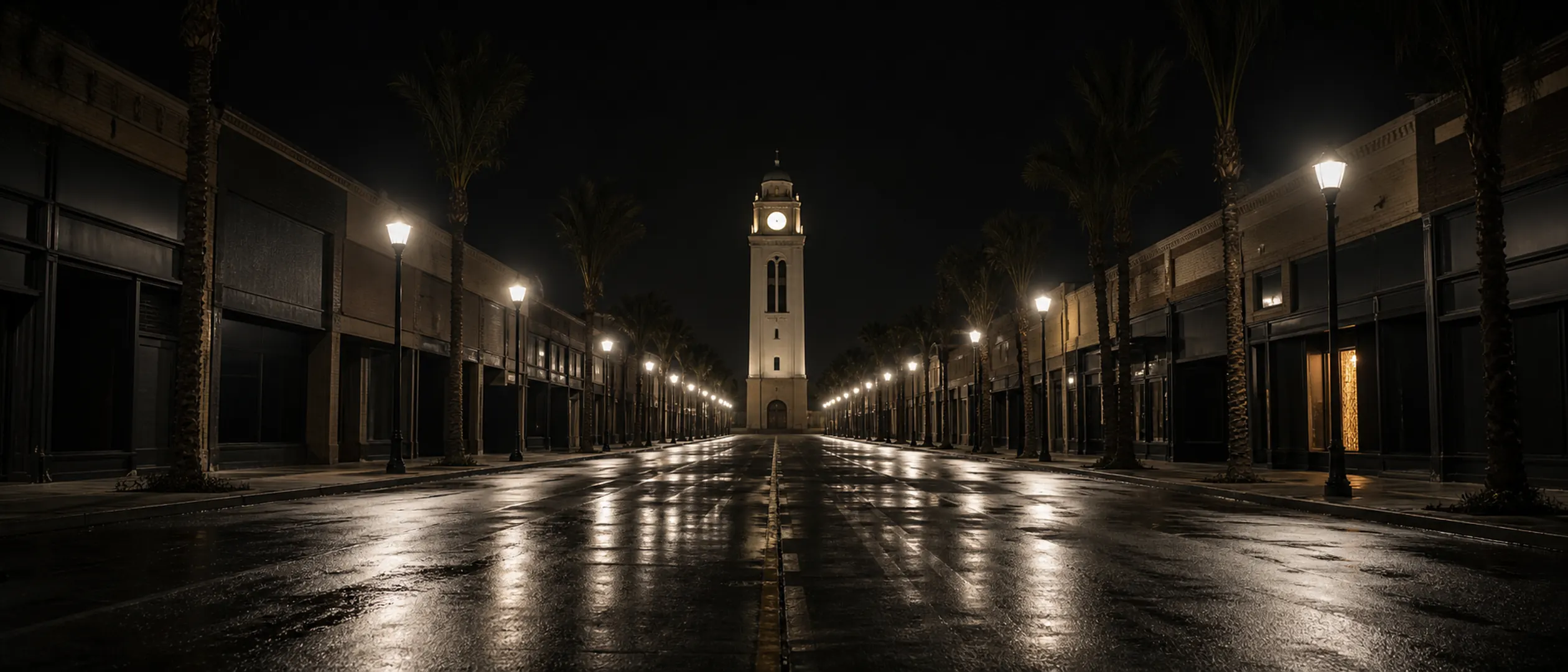 An empty Chester Avenue leads toward Bakersfield's Beale Memorial Clock Tower at night.