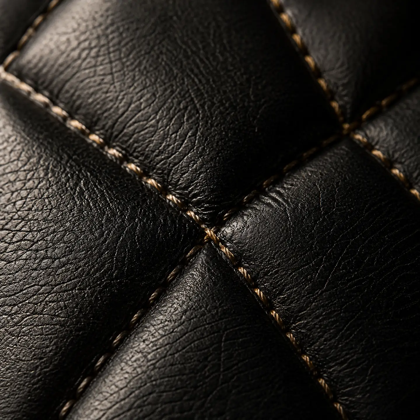 Four quilted black leather panels meet at a stitched cross-seam with tan thread.