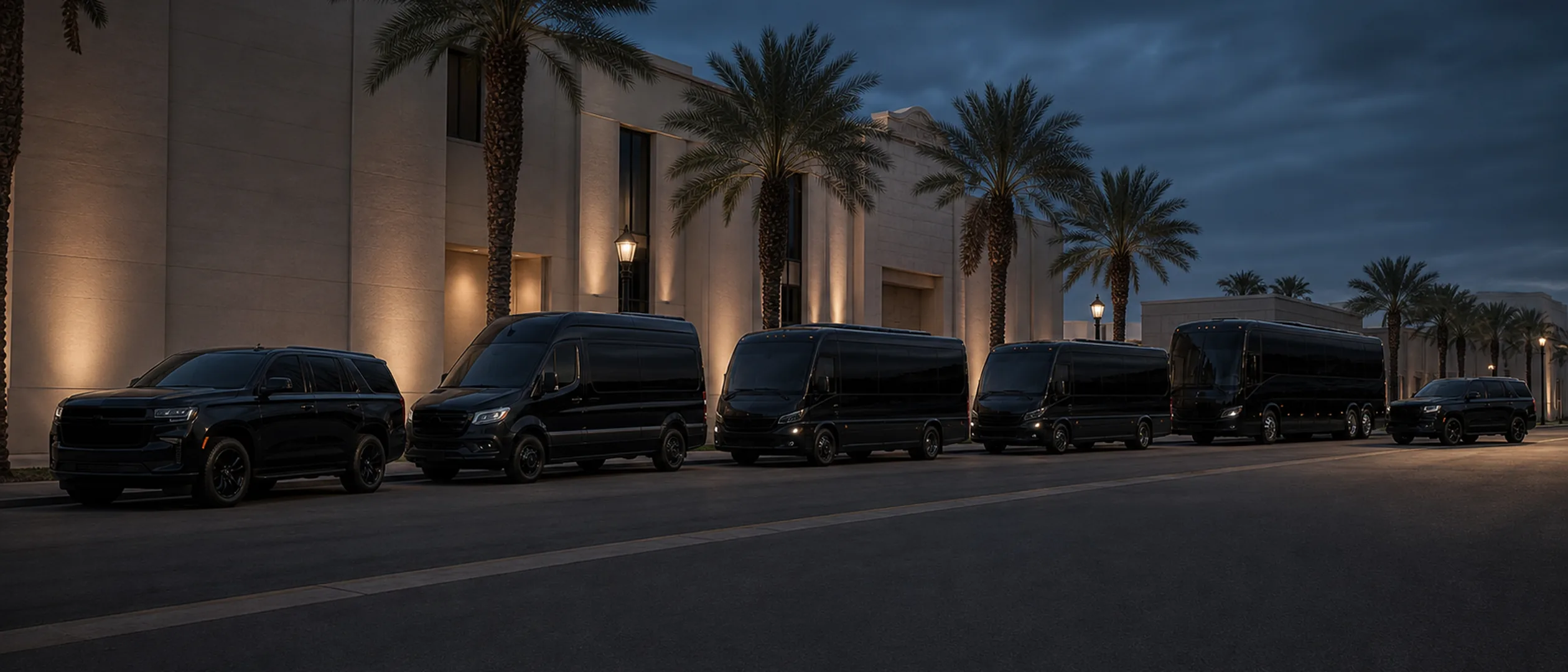 Six black Ride Lux vehicles lined along a palm-framed curb in downtown Bakersfield at dusk.