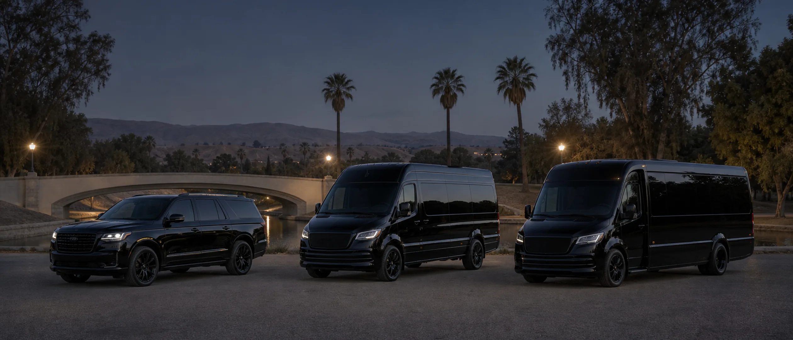 Three black Ride Lux vehicles arranged beside Mill Creek Park in Bakersfield at dusk.