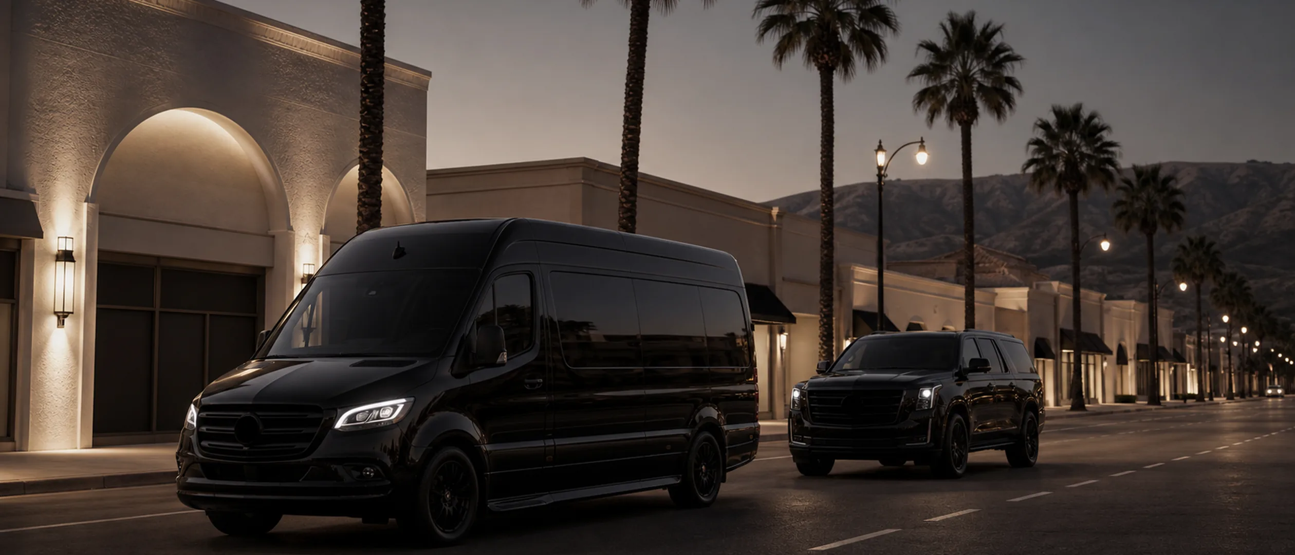 Two black Ride Lux vehicles traveling along a broad Bakersfield avenue at dusk.