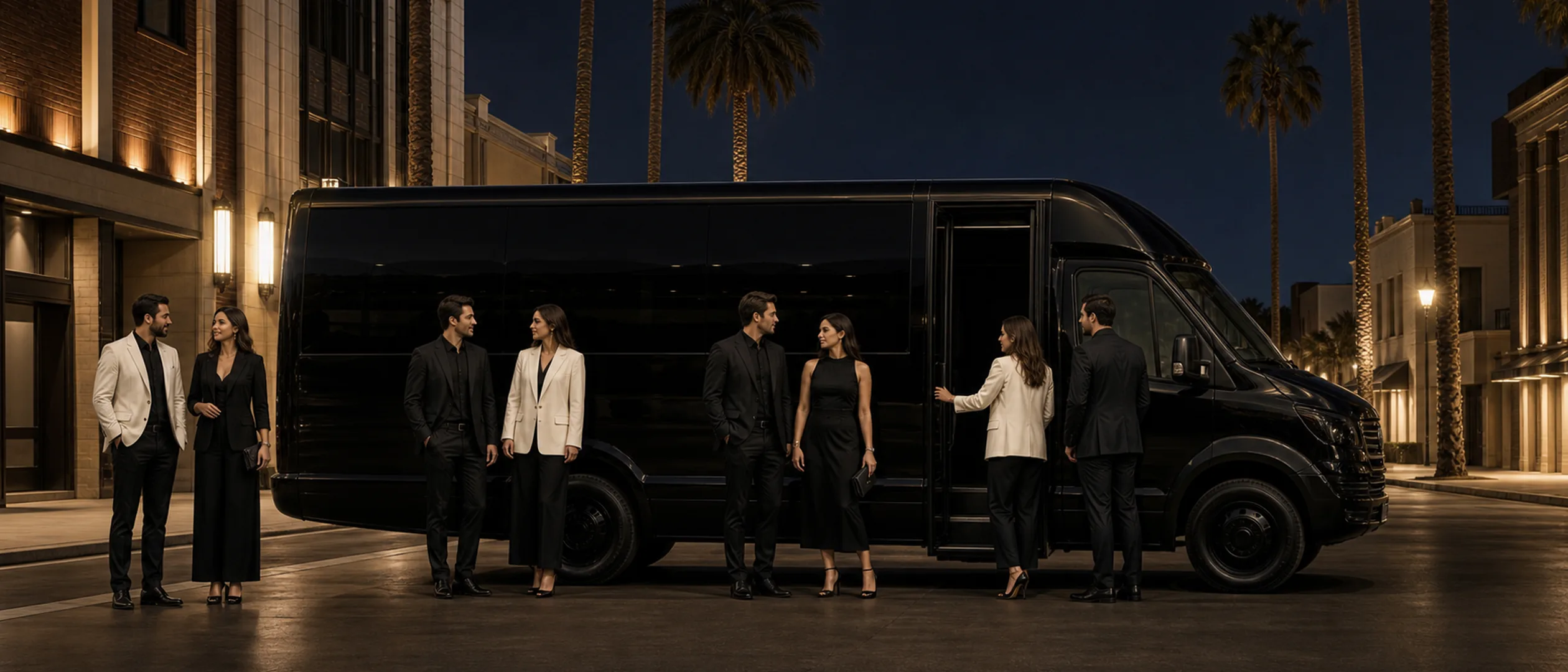 A group of colleagues boards a black minibus on a downtown Bakersfield street at dusk.