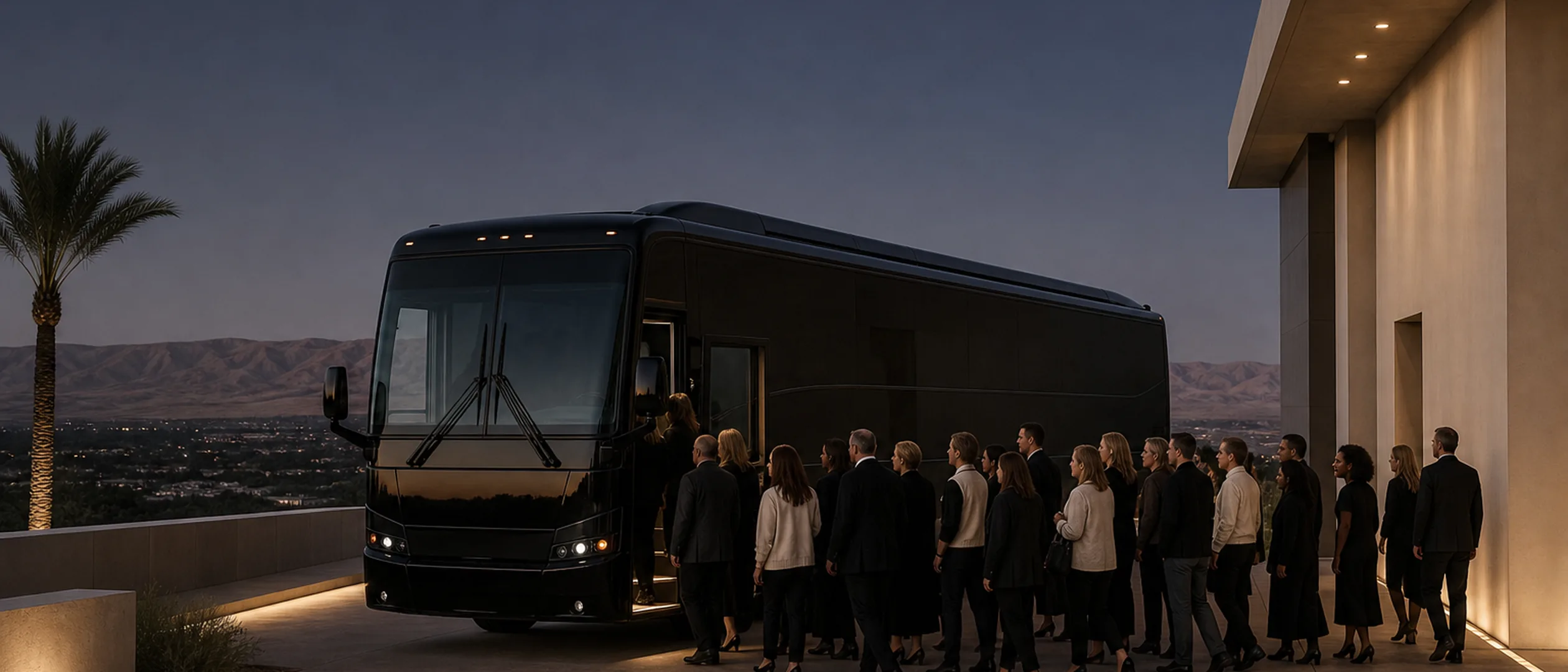 A large group boards a black motorcoach near Bakersfield's Panorama Bluffs at dusk.