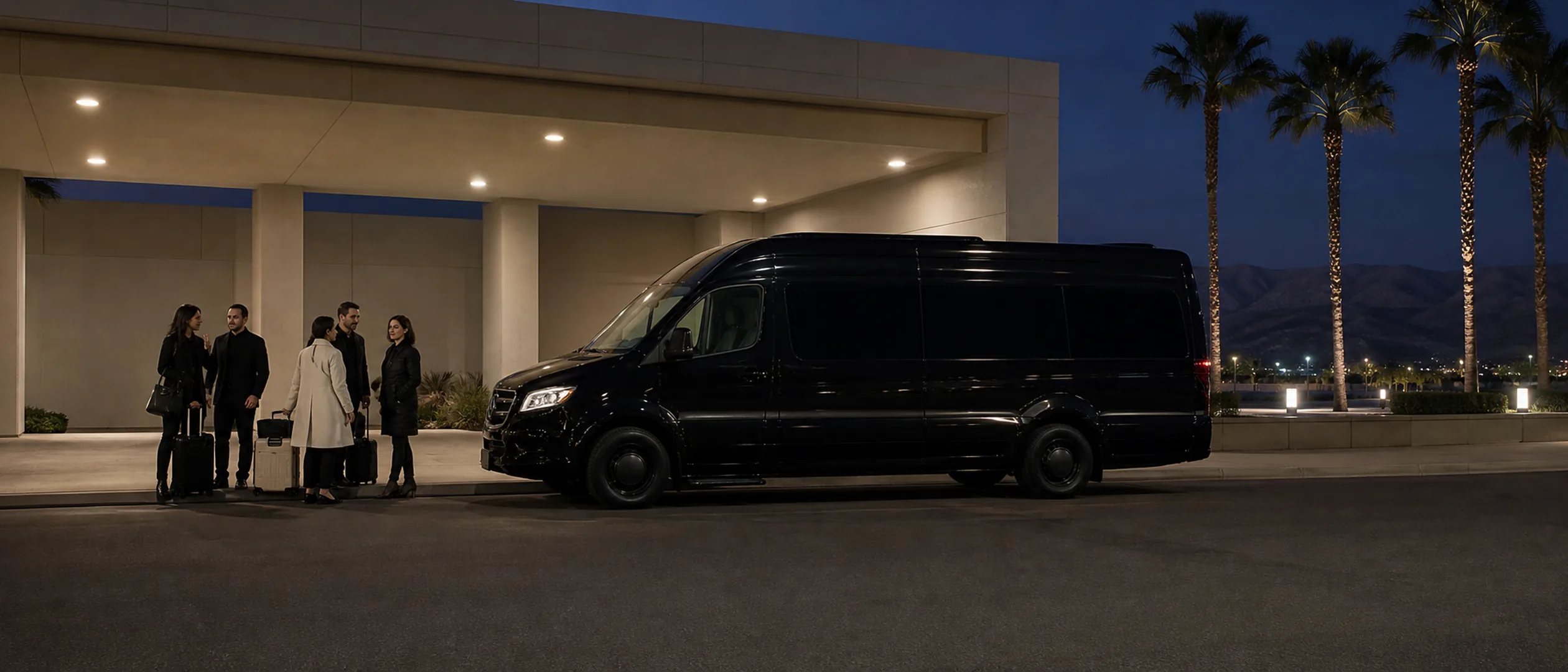 Travelers gather beside a black minibus outside Meadows Field in Bakersfield at dusk.
