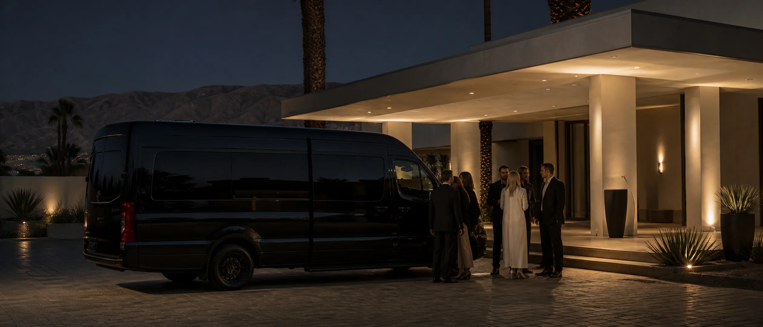 Guests gather beside a black passenger van under warm lights in Bakersfield at dusk.