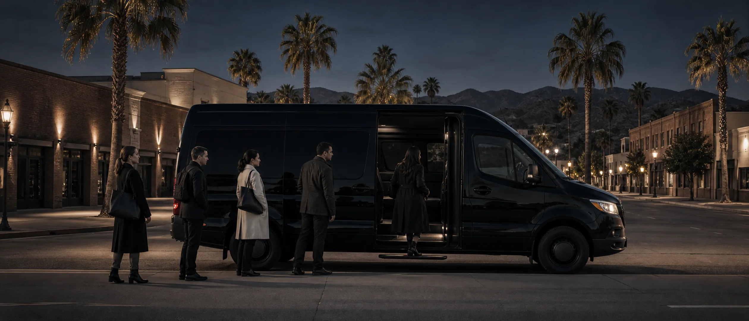 Commuters board a black passenger van on a palm-lined Bakersfield avenue at dawn.