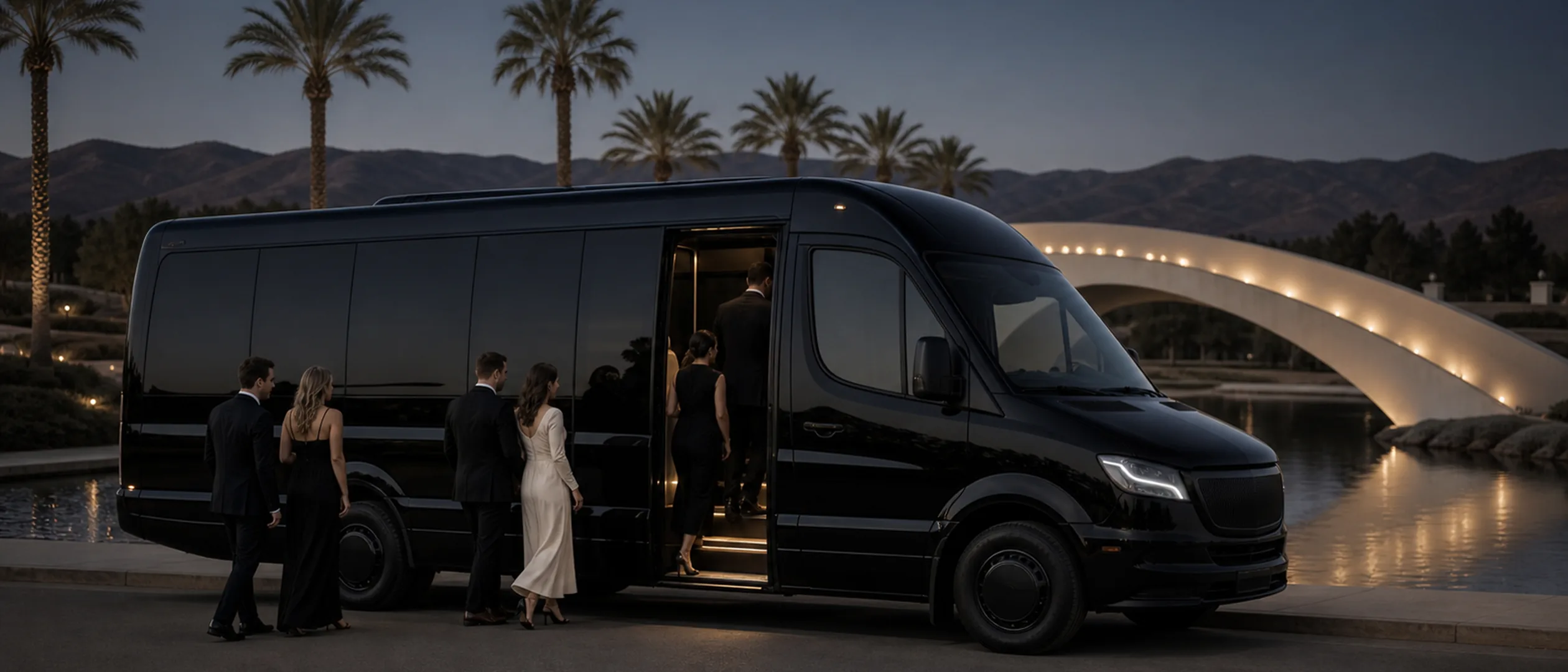 Event guests board a black minibus beside Bakersfield's Mill Creek Park at dusk.