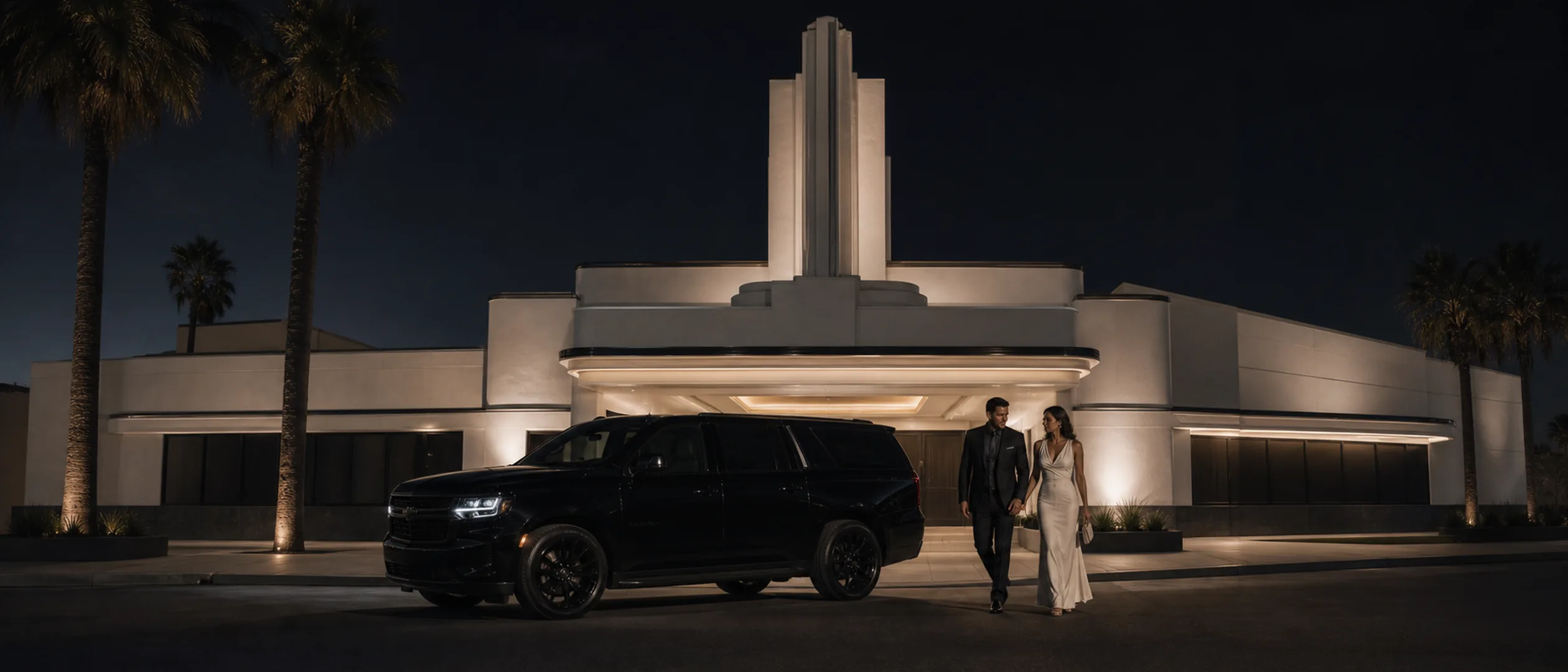 Guests arrive by black vehicle at a downtown Bakersfield performance venue at dusk.