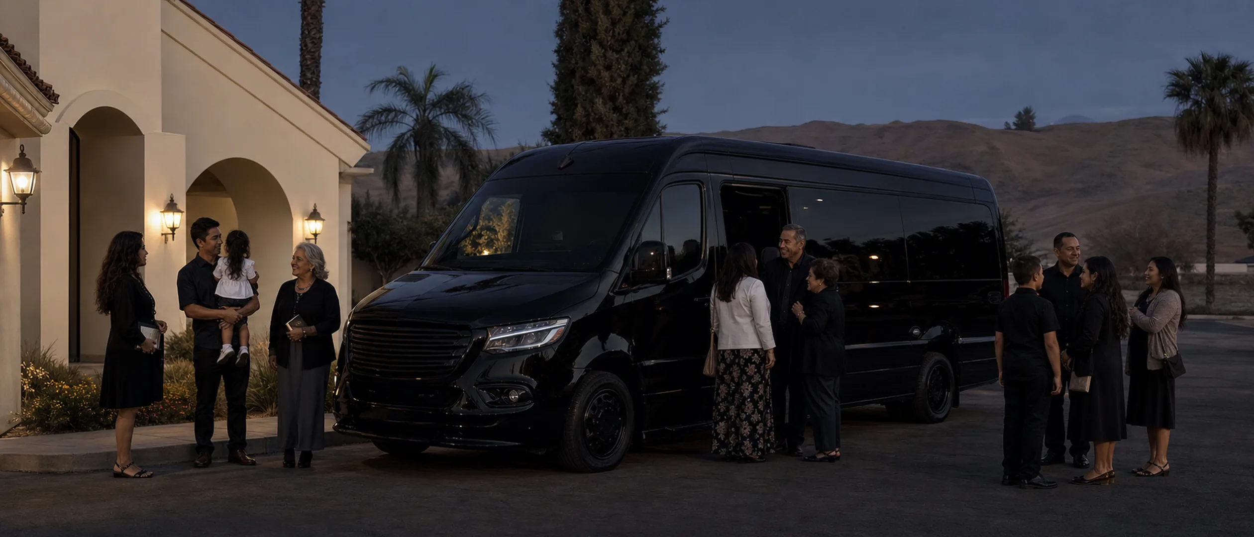 A faith group gathers beside a black minibus near a Bakersfield church at dusk.