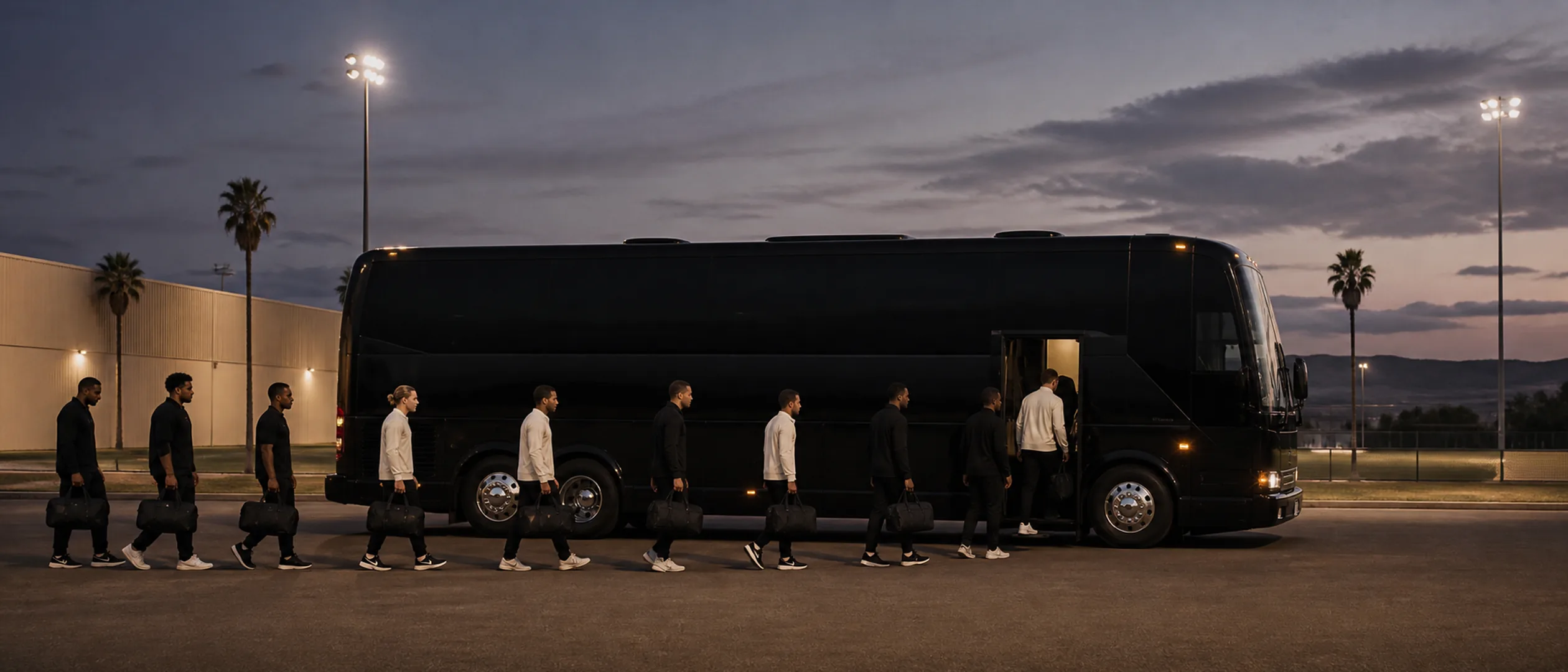 An athletic team boards a black motorcoach near a Bakersfield sports field at dusk.