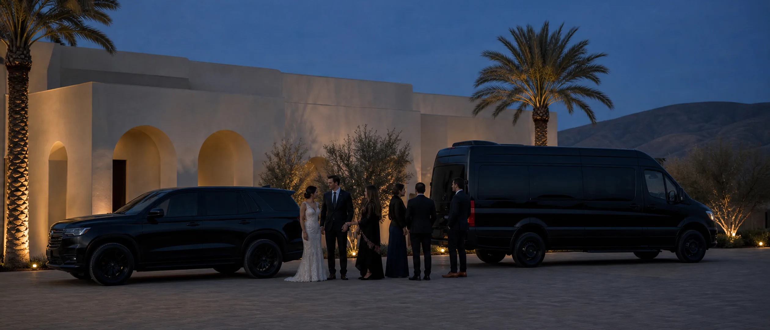 A wedding party gathers beside black vehicles at a Bakersfield garden venue at dusk.