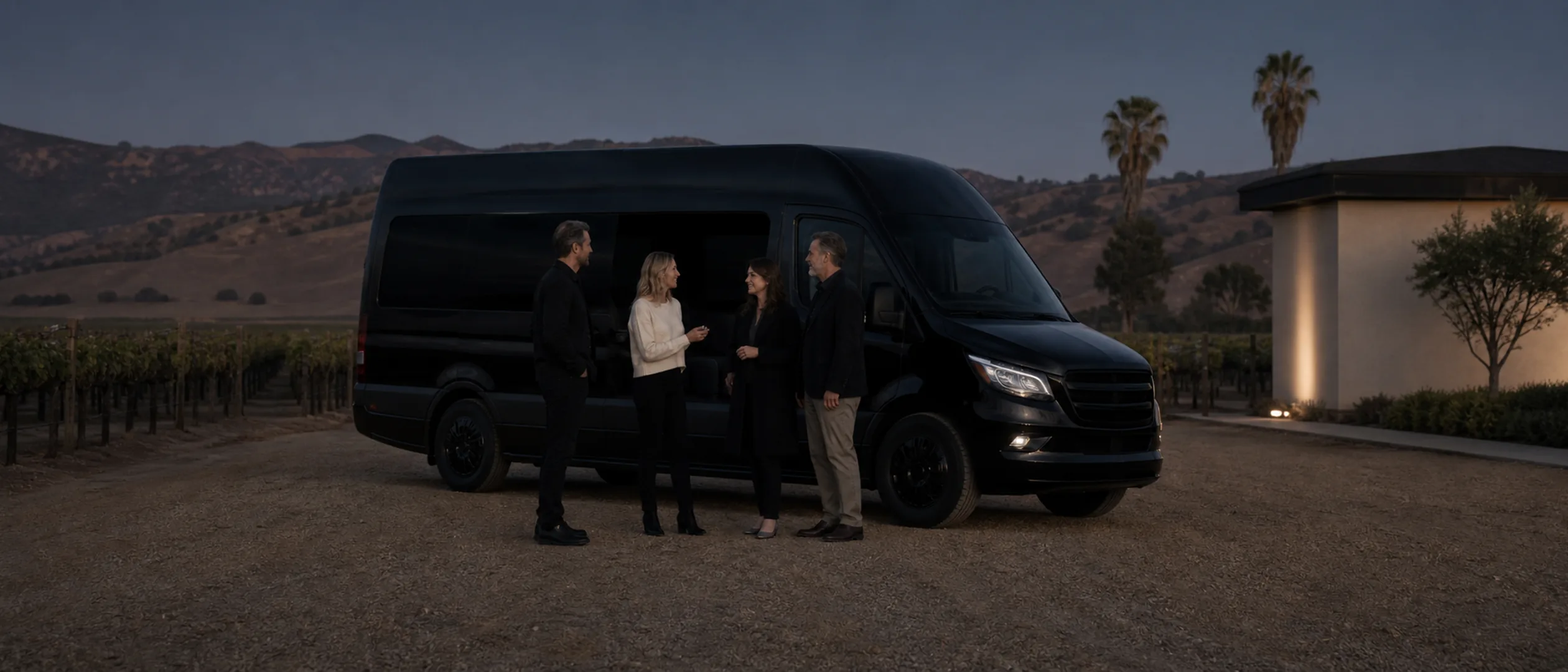 Wine travelers gather beside a black passenger van among vines near Bakersfield at dusk.